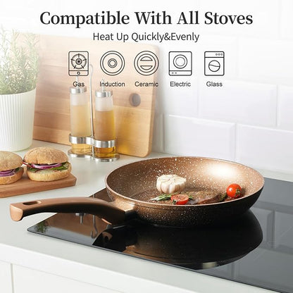 Innwewell Non Stick Frying Pan - Granite Stone Non Stick Skillet Frying Pans, Safe&No Toxic Egg Omelette Frying Pan, Small Nonstick Cookware Cooking Pan, Induction Compatible, PFOA Free(8inch, Gold) - Image 5