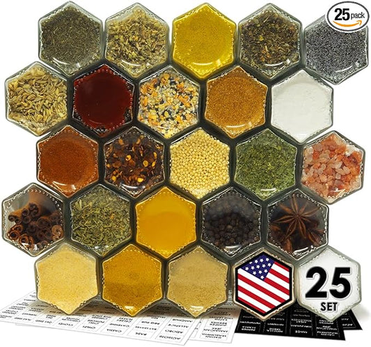 PATRIOT Set of 25 Hexagon Glass Spice Jars with Shaker Lids and Labels for Refrigerator, Kitchen, RV Travel Trailer Magnetic Containers