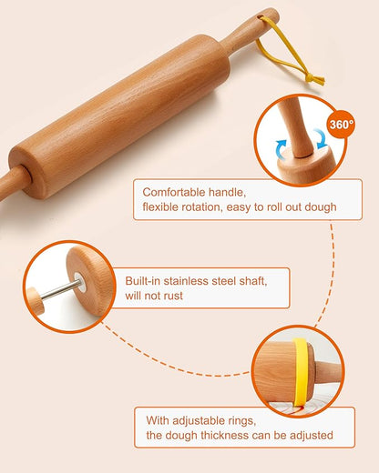 Classic Wood Rolling Pin, 17" Rolling Pins for Baking with Silicone Mat and Adjustable Thickness Rings, Pasta Roller with Wood Base, Fondant Roller for Pie Crust, Cookies, Pizza Dough and Bread - Image 3