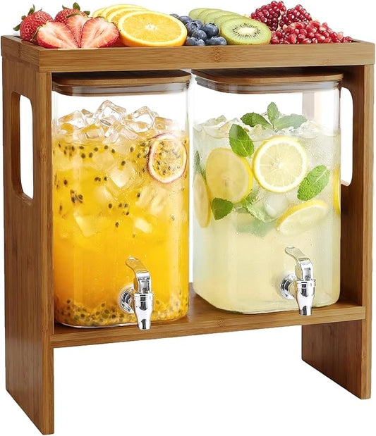 2 PCS 1.2 Gallon Drink Dispenser, Glass Beverage Dispenser with Wood Stand and Detachable Food Platter, Party Drink Dispensers for Lemonade, Juice, Tea, Ice Coffee by SRRUI