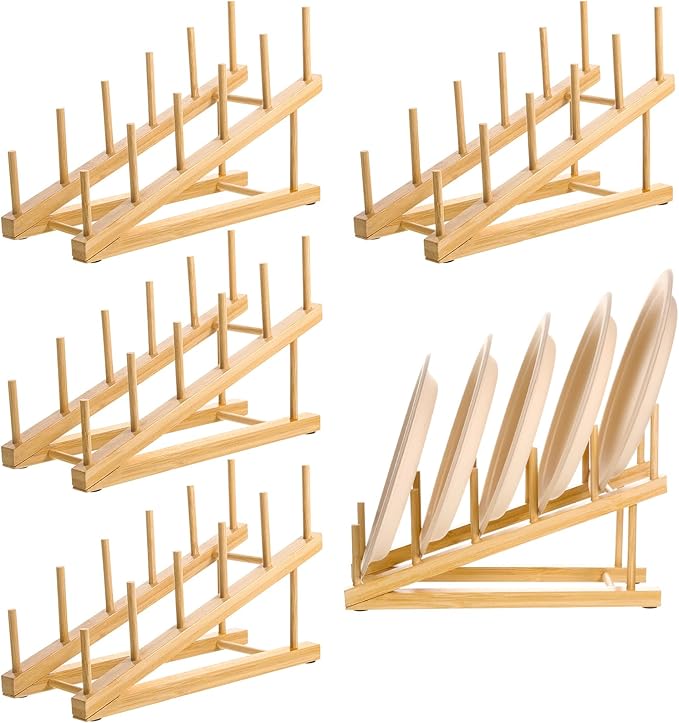 5 Pack Wooden Dish Rack Wooden Plate Stands for Display Multi Tier Plate Holder Cabinet Organizer, Craft Show Vendor Counter Display Rack for Tabletop Book, Art Prints and Platter