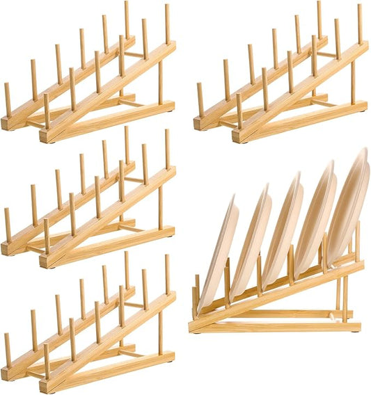 5 Pack Wooden Dish Rack Wooden Plate Stands for Display Multi Tier Plate Holder Cabinet Organizer, Craft Show Vendor Counter Display Rack for Tabletop Book, Art Prints and Platter