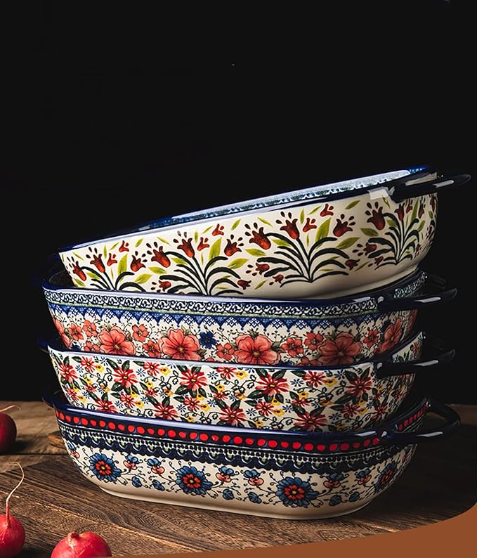 Vintage Style Pottery Bakeware Ceramic Casserole Dish Baking Pan Lasagna Pans Baking Dish with Handles for Oven/Cooking/Kitchen-1 PCS, Large Capacity, 60 OZ - Image 5