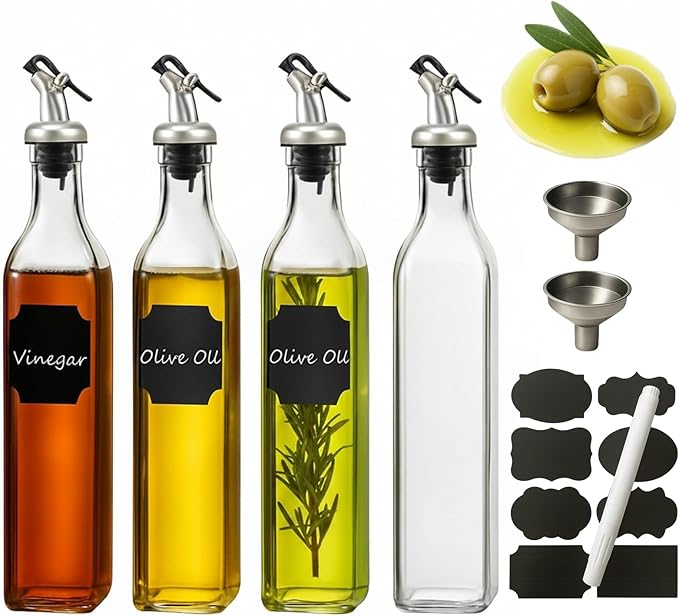 WERTIOO Olive Oil Dispenser Bottle,4Pack 17 OZ Glass Oil Dispenser for Kitchen with 4 Pourer,2 Stainless Steel Funnel & 1 Pen and 8 Label for Kitchen (500ml) by WERTIOO