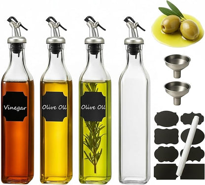 WERTIOO Olive Oil Dispenser Bottle,4Pack 17 OZ Glass Oil Dispenser for Kitchen with 4 Pourer,2 Stainless Steel Funnel & 1 Pen and 8 Label for Kitchen (500ml) by WERTIOO