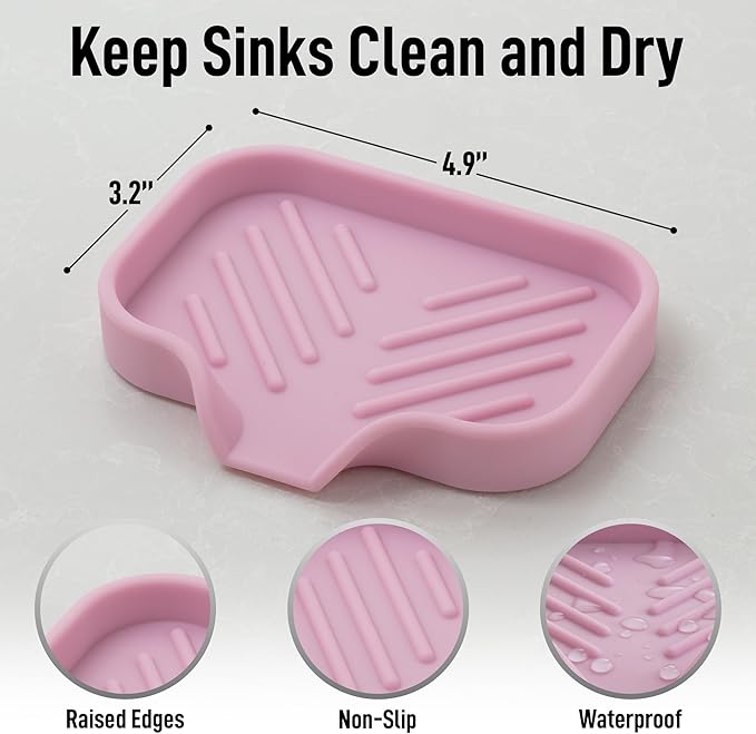 Zulay Kitchen Small Silicone Sponge Holder (4.9x3.3”) – Space-Saving Sink Organizer Tray for Sponge, Soap, Brush & More – Compact Non-Slip Dish for Kitchen & Bathroom (Pink) - Image 4