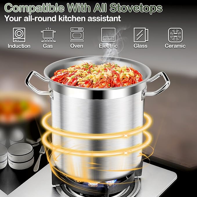 Stainless Steel Stock Pot-24QT Heavy Duty Induction Cooking Pot with Lid, Commercial Grade Stock Pot & Stockpots for Boiling Cooking Soup Stew Canning Cooking Pots, Deep Cookware, Big Stockpot