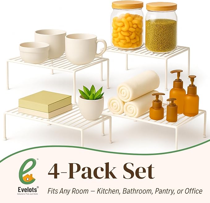 Evelots Kitchen Cabinet Wire Shelf Organizer/Rack - 4 Pack Sturdy Large Metal Shelf Risers - Double Your Counter Space - Great for Kitchen, Freezer, Pantry and Bathroom - Rustproof - White - Image 7