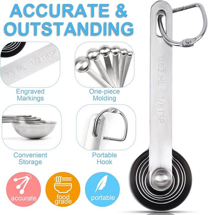 Upgrade Stainless Steel Measuring Spoons Set, Small Tablespoon, Teaspoons, Set 6 with Bonus Leveler, Etched Markings and Removable Clasp for Dry and Liquid, Fits in Spice Jars - Image 3