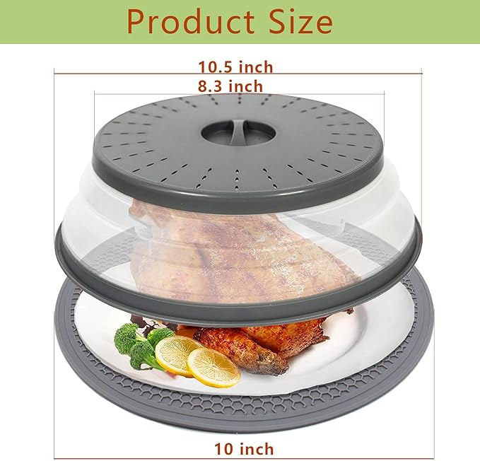 10.5" Microwave Splatter Cover for Food with 10" Mat, Collapsible & Vented Silicone Splatter Guard Lid with Handle Kitchen Gadget, Grey