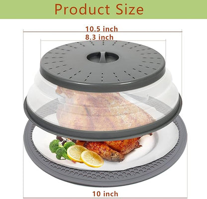 10.5" Microwave Splatter Cover for Food with 10" Mat, Collapsible & Vented Silicone Splatter Guard Lid with Handle Kitchen Gadget, Grey