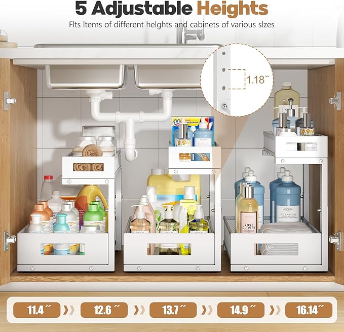 2 Pack 17IN Depth Under Sink Storage Organizer, Large 2-Tier Elegant Mesh Pull Out Shelf for Kitchen and Bathroom Cabinet Organization, L-Shaped and Adjustable Height Design-White - Image 5