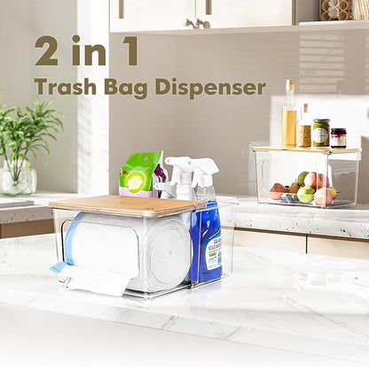 iCASA Trash Bag Dispenser Under Sink Organizer, 2-in-1 Acrylic Trash Bags Holder with Bamboo Lid, Holds Large Rolls up to 100 Count, Garbage Bag Storage Container for Kitchen, Pantry, Laundry Room - Image 3