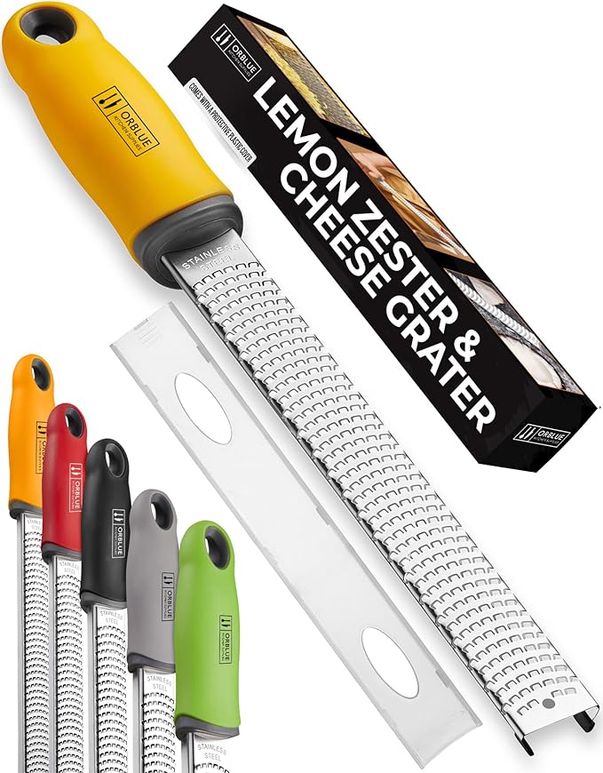 Orblue Lemon Zester & Cheese Grater - Premium Citrus Zester, Kitchen Grater for Parmesan, Chocolate, Fruits, Vegetables, Ginger, Garlic, Nutmeg - Stainless Steel Blades with Protective Cover, Yellow by Orblue