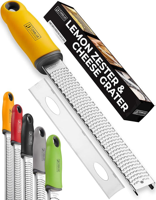 Orblue Lemon Zester & Cheese Grater - Premium Citrus Zester, Kitchen Grater for Parmesan, Chocolate, Fruits, Vegetables, Ginger, Garlic, Nutmeg - Stainless Steel Blades with Protective Cover, Yellow by Orblue