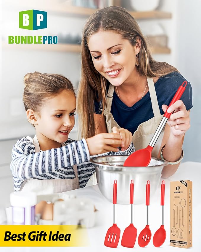 Pack of 4 Silicone Cooking Utensils Set, Non Stick Large Solid Spatulas, Heat Resistant Slotted Spoons, Ideal BPA Free Kitchen Turners for Frying, Mixing,Serving,Draining,Turning,Stirring (RED) - Image 7