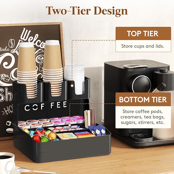 Lifewit 2-tier Coffee Station Organizer Caddy for Countertop, 10 Compartments Coffee Bar Organizers for Cups, Pods, Sugar, Compact Condiment Holders Storage for Office Breakroom Kitchen Home Black - Image 4