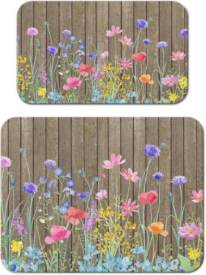 Dish Drying Mat for Kitchen Counter 2 Pack with Non-Slip Rubber Backing - Heat-Resistant Absorbent Coffee Bar Mat, Dish Rack Mat, Wooden Flower Dish Drying Mats 18x24+19.5x12 inch