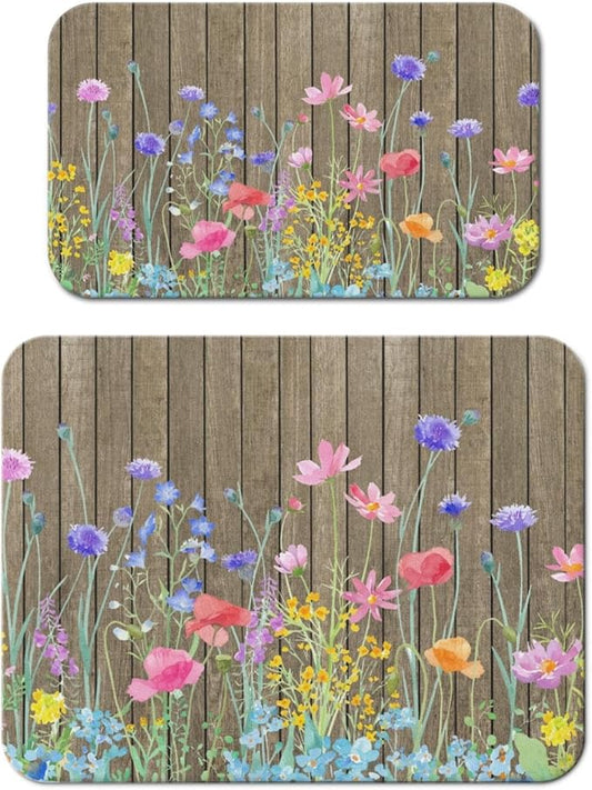 Dish Drying Mat for Kitchen Counter 2 Pack with Non-Slip Rubber Backing - Heat-Resistant Absorbent Coffee Bar Mat, Dish Rack Mat, Wooden Flower Dish Drying Mats 18x24+19.5x12 inch