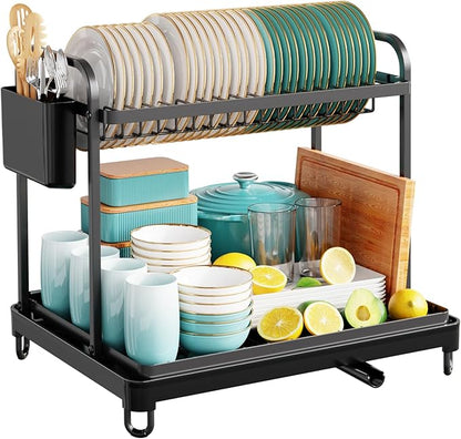 Sakugi 2-Tier Dish Drying Rack - Stainless Steel Dish Rack with Cutlery & Utensil Holders for Kitchen Counter, Sink Organization and Storage for Small Family, 16.7" W x 12.7" L x 15.8" H, Black - Image 3