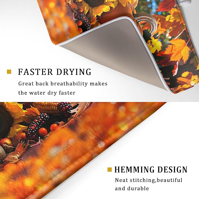 Fall Harvest Pumpkin Dish Drying Mat for Kitchen Counter,Thanksgiving Maple Leaves Sunflower Drying Mat 18 x 24 Inch with Absorbent Reversible Microfiber Dish Drying Pad for Coffee Bar - Image 3