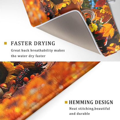 Fall Harvest Pumpkin Dish Drying Mat for Kitchen Counter,Thanksgiving Maple Leaves Sunflower Drying Mat 18 x 24 Inch with Absorbent Reversible Microfiber Dish Drying Pad for Coffee Bar - Image 3
