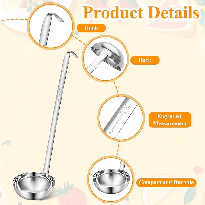 6 Pcs Stainless Steel Ladle Soup Handle Ladle with Long Hooked Handles Metal Kitchen Soup Ladles Spoon Cooking Utensil for Serving, Cooking, Stirring, Portioning Kitchen Restaurant Accessories(6 oz) - Image 3