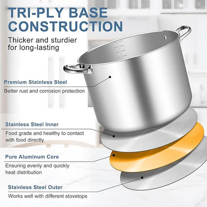 TeamFar Stainless Steel Stock Pot, 24QT Large Stockpot Tri-ply Bottom Cooking Soup Pot with Glass Lid, for Induction Gas Glass Stovetops, Non Toxic & Heavy Duty, Large Size & Easy Clean - Image 5