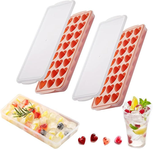 2 Pack Heart-Shaped Ice Cube Trays with lid and bin - 48 Holes Silicone Mini Heart Ice Cube Tray, BPA Free and Dishwasher Safe, Heart Shape Ice Cube Mold, Easy to Remove (2 pink with Lids & Bins)