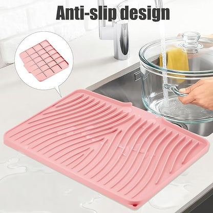 TIKNIK Silicone Dish Drying Mat, Stone Drying Mat for Kitchen Counter with Built-In Drain, Non-Slip Drain Pad with Built-in Drain, Heat Resistant Stone Drying Mat, Hangable, Pink-1pcs, 16" x 12" - Image 3