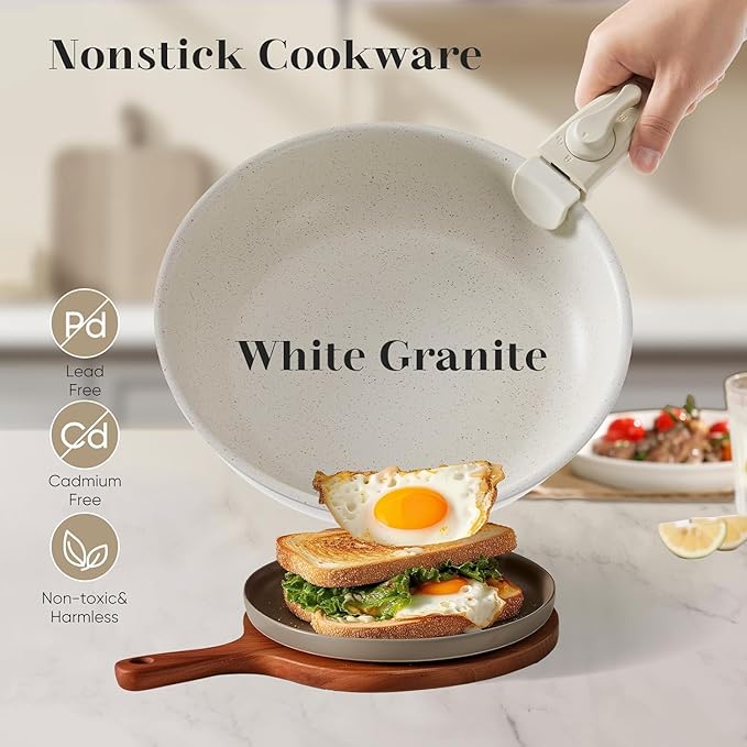12 Pcs Pots and Pans Set, Non-Stick Pots and Pans Set, with Detachable Handles, Resistant to High Temperatures,Dishwasher Oven Safe, PFAS and PFOA Free, White