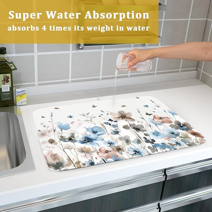 Giwawa Watercolor Floral Dish Drying Mat, 18"x24" Blue Grey Brown Flowers Kitchen Drainer Mats, Spring Summer Wildflower Microfiber Large Dish Drying Pad for Countertop Tabletop Decoration
