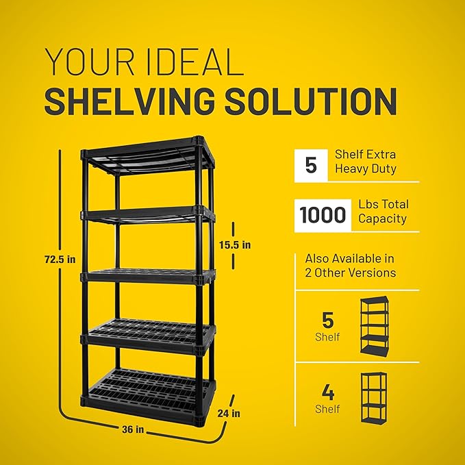 Plano 5-Shelf Extra Heavy Duty Plastic Storage Shelves, 72.5” x 36” x 24”, 1000lb Capacity, Pantry, Office, Closet and Garage Shelves, Easy to Assemble, Durable Plastic Shelving Unit - Image 2