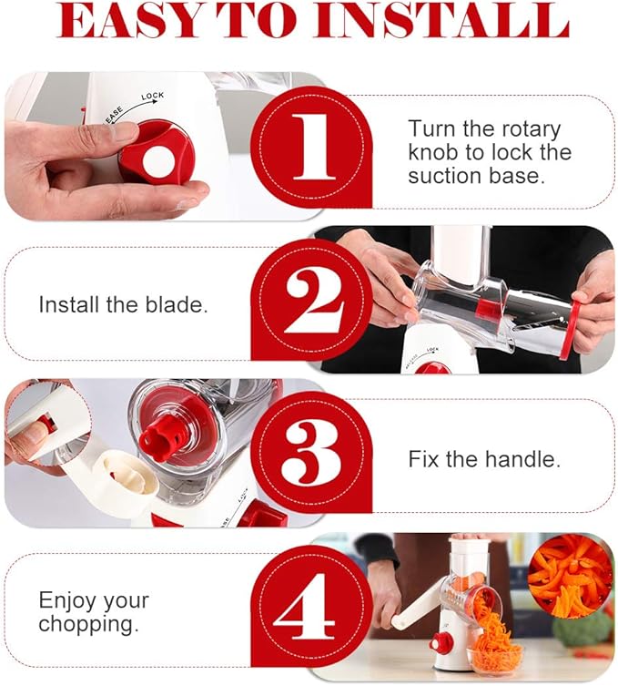 Ourokhome Rotary Cheese Grater Hand Crank, Kitchen Shredder Speed Mandolin Slicer Nuts Grinder with Handle and Drum Blades for Cheese, Vegetable, Chocolate, Potato, Carrot, 3 Blades, White Red - Image 6