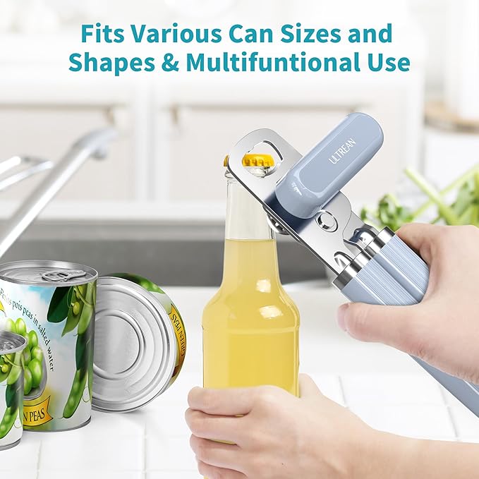 Ultrean Manual Can Opener Bottle Opener, Heavy Duty Stainless Steel Smooth Edge Manual Hand Held Can Opener With Soft Touch Handle, Rust Proof Oversized Handheld Easy Turn Knob (Blue) - Image 6