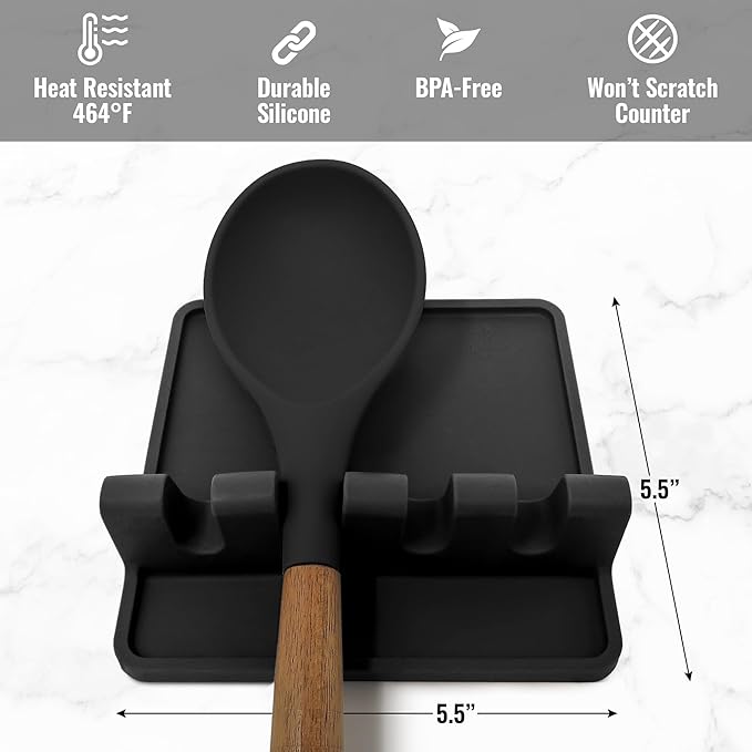 Zulay Kitchen Silicone Utensil Rest with Drip Pad for Multiple Utensils - BPA-Free, Heat-Resistant Spoon Rest & Spoon Holder for Stove Top - Kitchen Utensil Holder for Ladles & Tongs - Black - Image 5