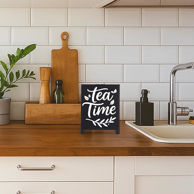 Tea Time Coffee Sign for Cafe Teas Bar Decor Signs Tea Coffee Station Accessories Gift for Coworker Women Men Home Office Kitchen Decor Plaque Table Centerpiece (Black) - Image 5
