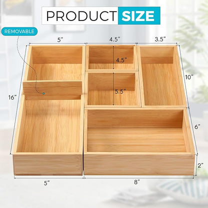 Fabsome Bathroom Drawer Organizer, Bamboo Box Bin for Junk Vanity Desk Makeup Drawer, Small Wooden Container Tea Storage Organization Tray for Kitchen Office, Set of 5 - Image 2