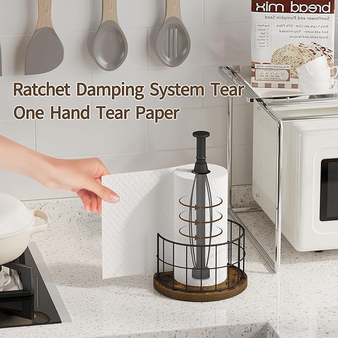YINMIT Paper Towel Holder Countertop, One-Handed Tear Farmhouse Paper Towel Stand, Roll Paper Towel Stand Weighted, Paper Towel Holders with Ratchet Large, for Kitchen Essentials - Image 3
