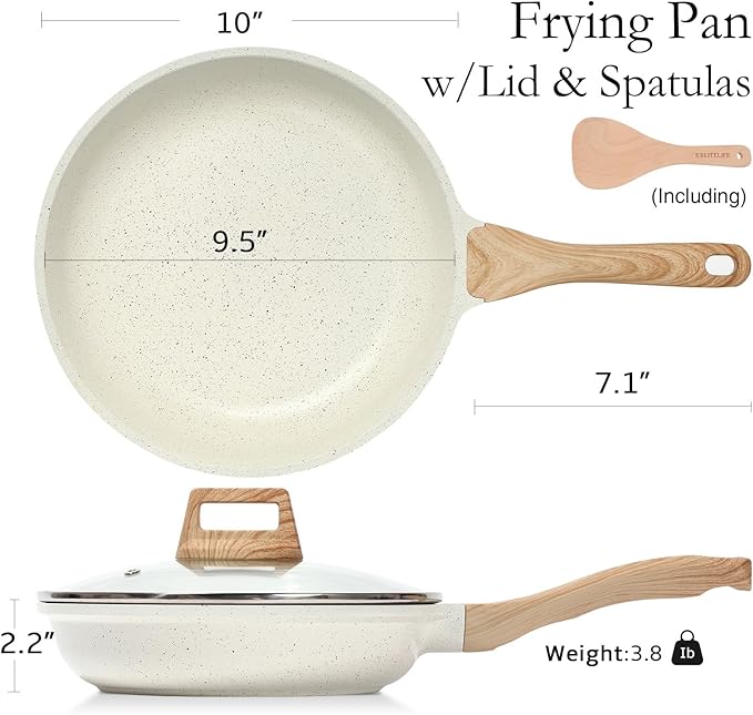 ESLITE LIFE Nonstick Ceramic Frying Pan Skillet with Lid, Non-Toxic Egg Omelette Kitchen Cooking Pans Compatible with All Stovetops (Gas, Electric & Induction), PTFE & PFOA Free (White, 9.5" w/Lid) - Image 2