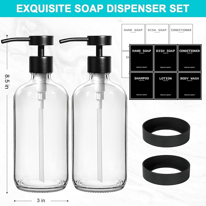 RYTOXILO Clear Soap Dispenser 2 Pack, Glass Soap Dispenser with Stainless Steel Pump, 16.9 Fl oz Refillable Kitchen Hand and Dish Soap Dispensers Set, Modern Clear Soap Lotion Dispensers Bottle - Image 2