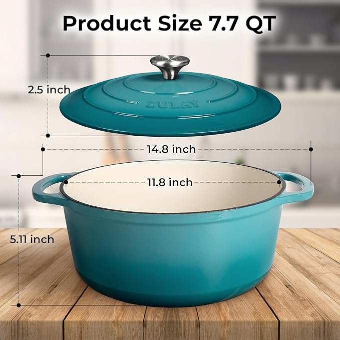 Zulay Kitchen 7.7 Quart Enameled Cast Iron Dutch Oven Pot with Lid – Premium Durability & Oven Safe up to 500°F – Heavy Duty Cookware Perfect for Bread Baking, Stews, Braising & Roasting – Light Blue - Image 8
