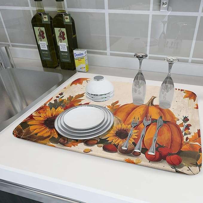 Happy Thanksgiving Day Harvest Dish Drying Mat for Kitchen Counter,Sunflower Maple Leaves Pumpkin Drying Mat 18 x 24 Inch with Absorbent Reversible Microfiber Dish Drying Pad for Coffee Bar - Image 6