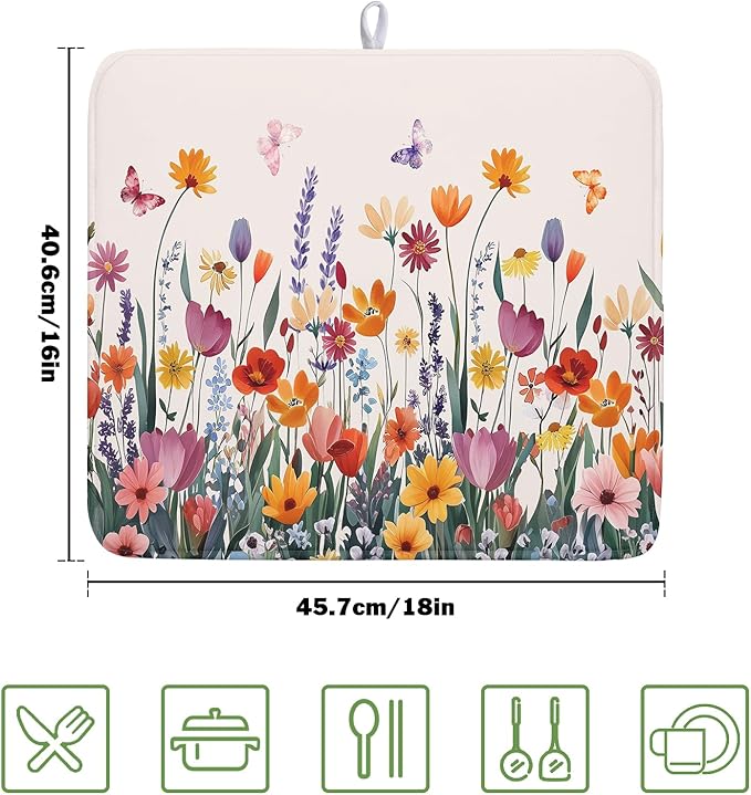 Kawani Spring Summer Flowers Dish Drying Mat for Kitchen Counter 16"x18" Colorful Floral Drying Mat Soft Absorbent Microfiber Farmhouse Fluttering Butterfly Dish Drainer Rack Mats for Counter tops