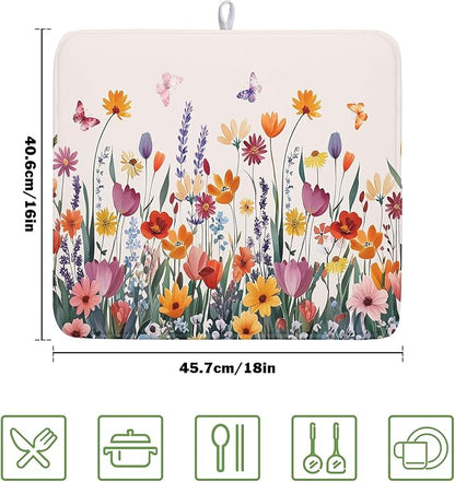 Kawani Spring Summer Flowers Dish Drying Mat for Kitchen Counter 16"x18" Colorful Floral Drying Mat Soft Absorbent Microfiber Farmhouse Fluttering Butterfly Dish Drainer Rack Mats for Counter tops