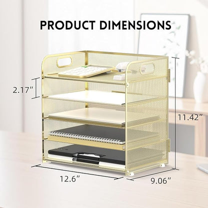 Supeasy 5 Trays Paper Organizer Letter Tray with Handle-Mesh Desk File Organizer, Paper Sorter Desk Organizer for Office, Home or School (Golden) - Image 5
