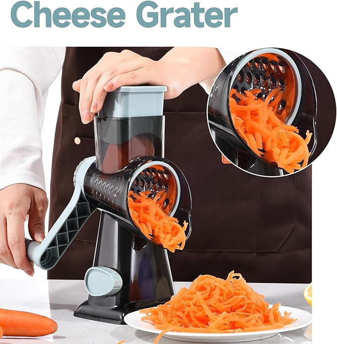 Rotary Cheese Grater with Handle Kitchen Shredder Slicer Grater Slicer Ice Shaver Cheese Vegetable Nuts Potato Zucchini Chocolate 3 Interchangeable Blades (GreyBlue - Image 7