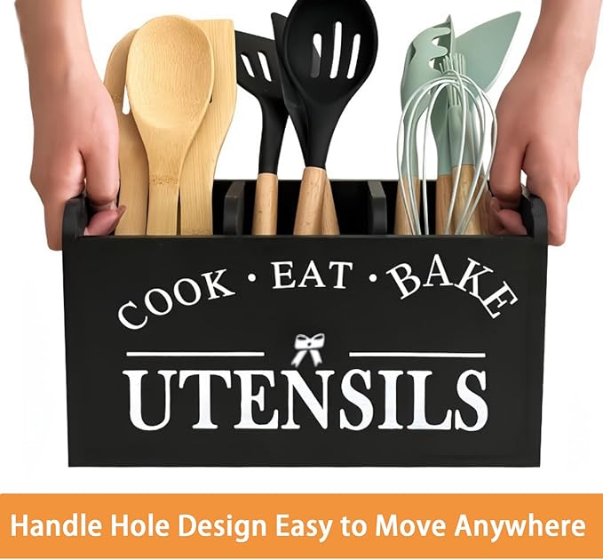 Utensil Holder,Wooden Utensil Holder for Kitchen Counter, Cooking Utensil Organizer with 3 Compartments,Utensil Crock for Silverware Spoon Spatula - Image 7