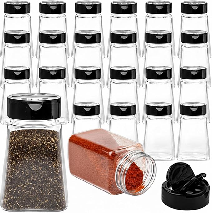 Tebery 24 Pack 9 Oz Plastic Spice Jars with Black Cap, Reusable Seasoning Containers Bottles for Kitchen Organization, Clear Plastic Spice Container with Shaker Lids for Spices Powders Herbs by Tebery