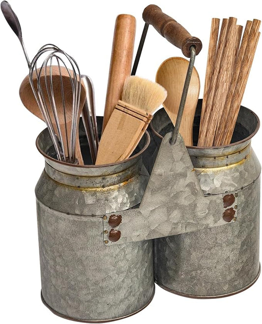 Set of 2 Rustic Galvanized Utensil Holders with Handles, Farmhouse Kitchen Crocks for Spoons, Forks & Knives, Countertop Organizer Buckets for Rustic Farmhouse Decor, 8"x4"x6.75"